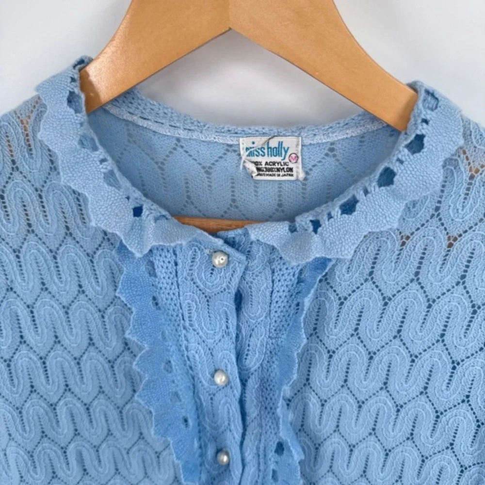 Vintage 70s Blue Open Knit Cardigan Womens M Lace Coquette Pastel Feminine Cute - Picture 2 of 8